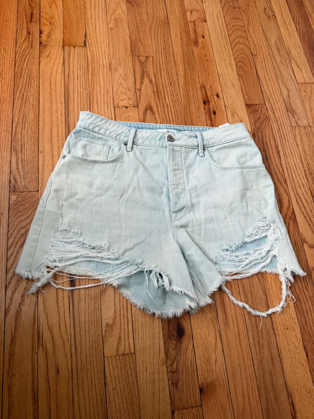 Good American Distressed High-Rise Raw rip Denim Texas Short light blue Sz 10-30